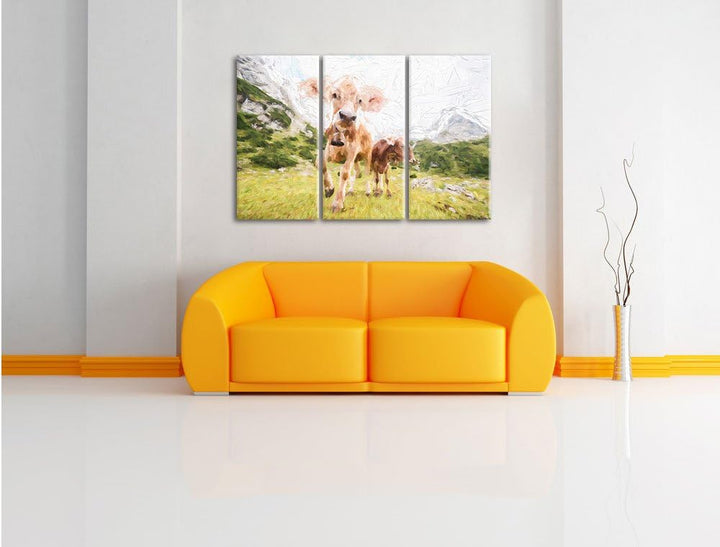 Pixxprint Almkuh auf der Weide Kunst als Leinwandbild | Grösse: 3 Teilig (120x80) | Wandbild| Kunstd