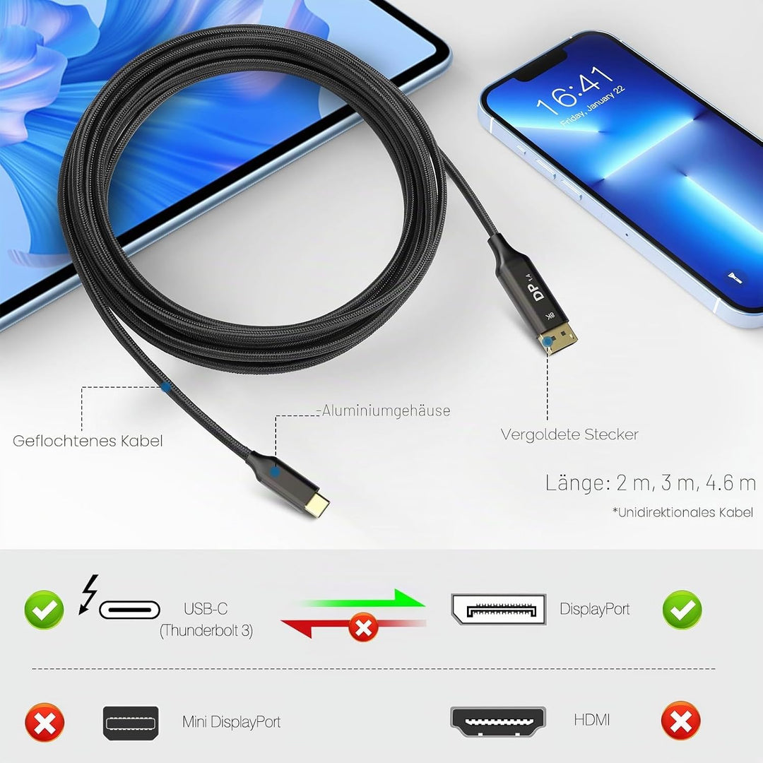 Ablink USB C auf DisplayPort 1.4 Kabel 5m [8K@60Hz, 4K@144Hz, 2K@240Hz] Thunderbolt 4/3 Kompatibel,
