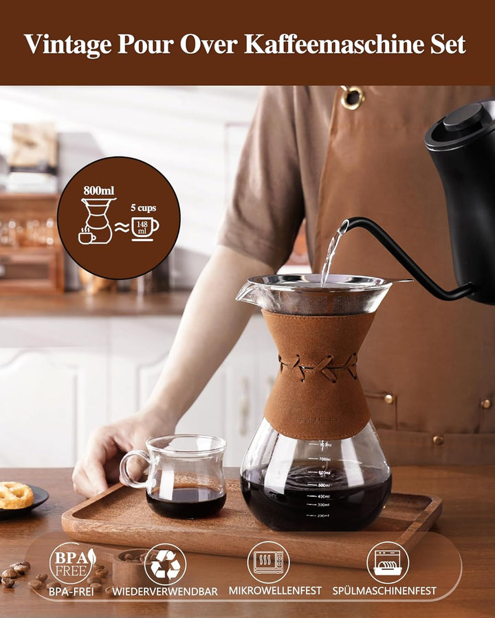 Kaffeebereiter mit Filter aus Edelstahl, 800ml Kaffeekanne für 5-6 Tassen Glas Pour Over Kaffeebrühe