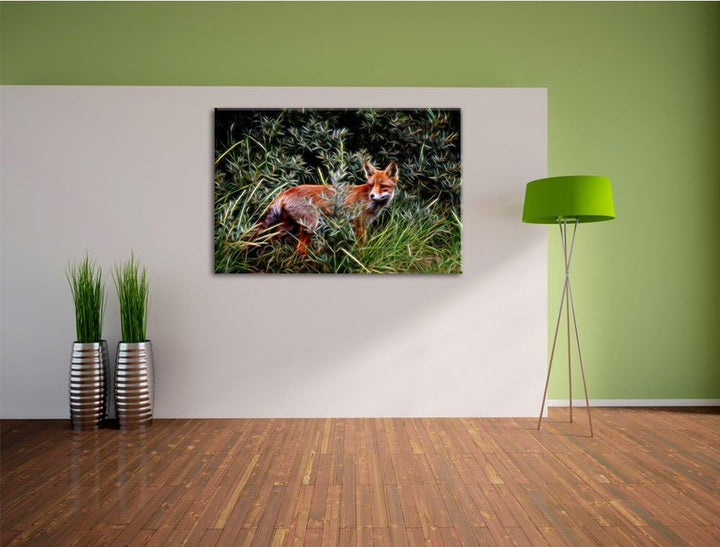 listiger Fuchs im Wildstrauch NewArt Format: 100x70 cm auf Leinwand, XXL riesige Bilder fertig gerah
