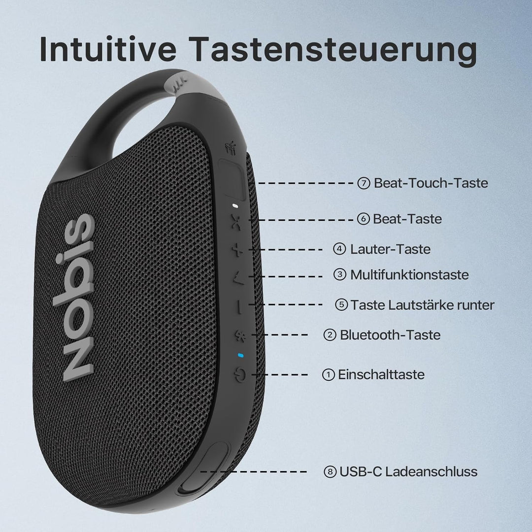 NOBIS Clip N1 Tragbarer Bluetooth Lautsprecher mit App, Beat-Modus, bis zu 24 Stunden Spielzeit, IP6