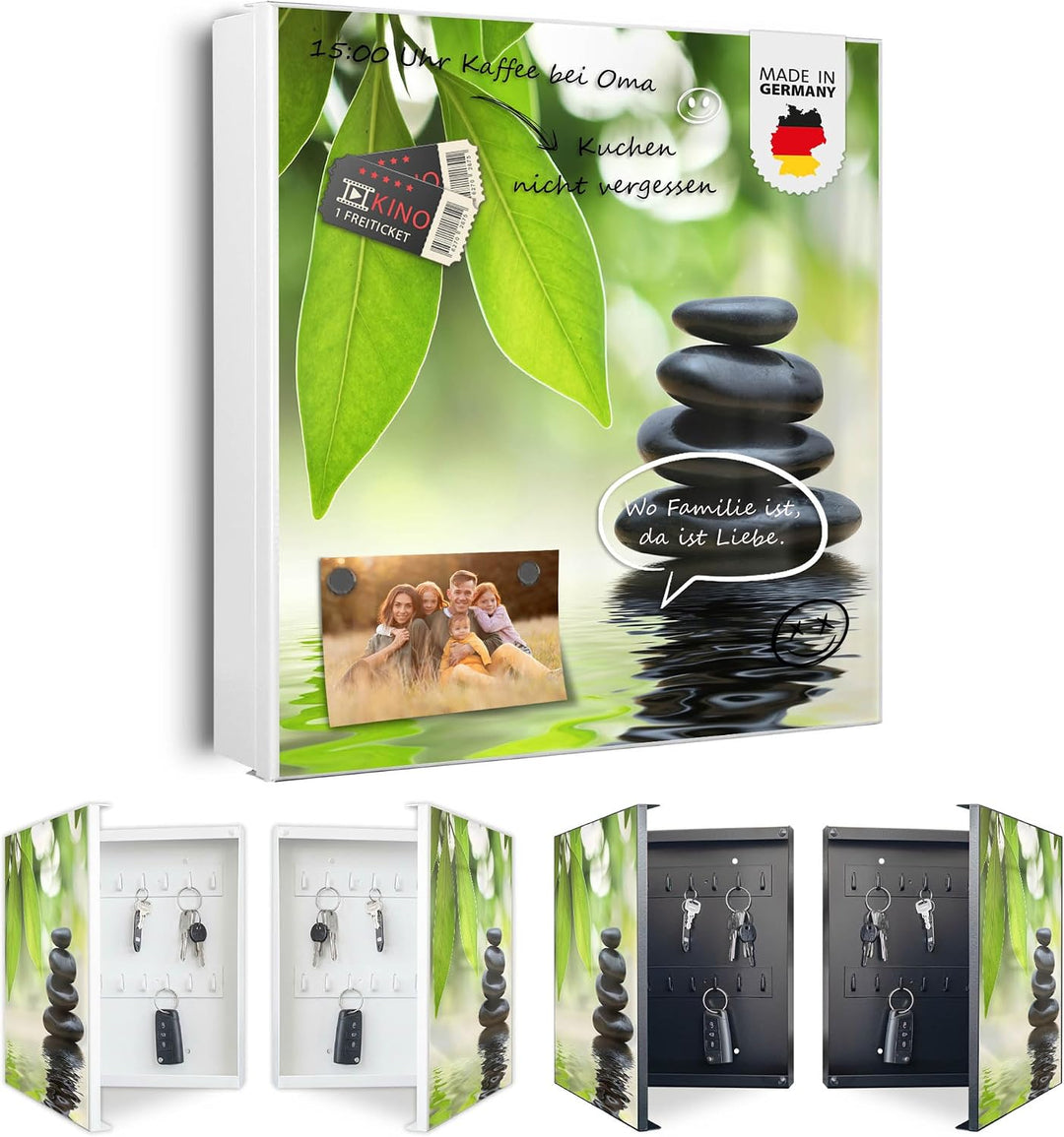 banjado® Grosser Schlüsselkasten Glas/Schlüsselbox 30cm x 30cm mit 50 Haken - Motiv Zen Relax/Schlüs