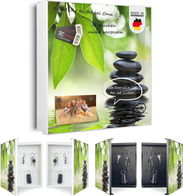 banjado® Grosser Schlüsselkasten Glas/Schlüsselbox 30cm x 30cm mit 50 Haken - Motiv Zen Relax/Schlüs