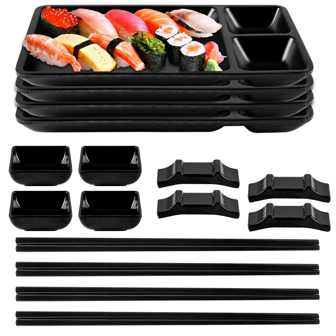 16-tlg. Japanisches Sushi Set Schwarz - Japanese Geschirr aus Melamin Enthält 4 Parr Sushi Stäbchen,