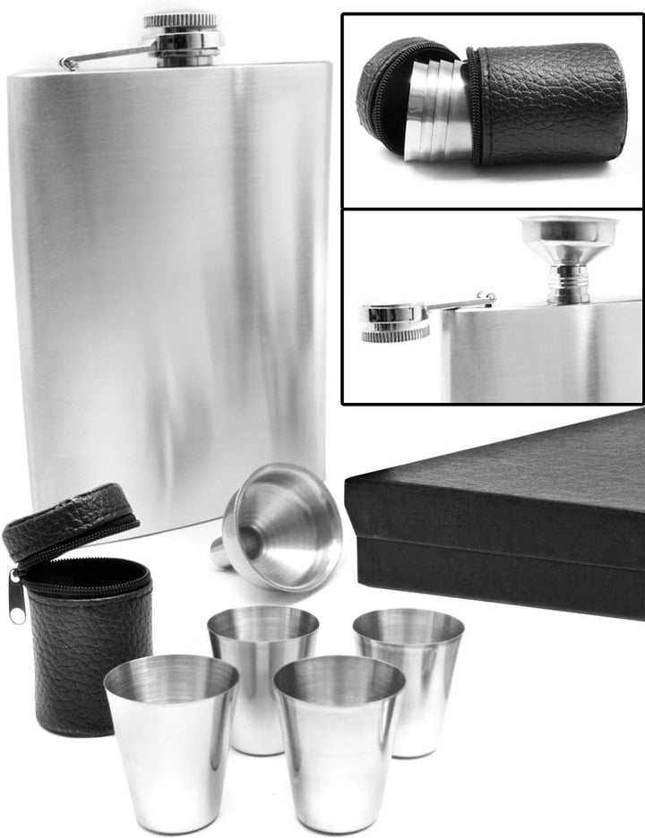 Edelstahl Flachmann Geschenk-Set, Brust-Flasche, Einfüll-Trichter, 4 Becher, Leder-Tasche, in Gesche