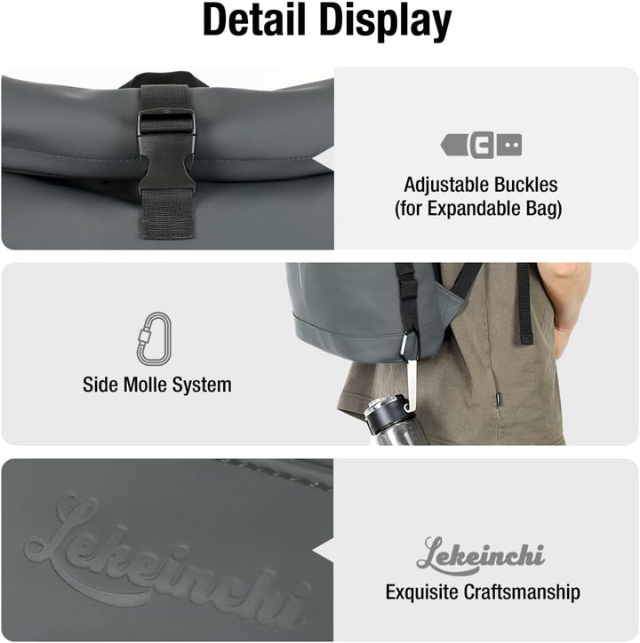 Lekeinchi Rolltop Rucksack Wasserdicht für Damen &amp; Herren, Grosser Laptop Rucksack mit Computerfach