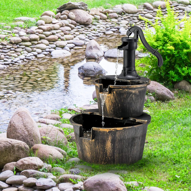 GOPLUS Gartenbrunnen Holz, Springbrunnen Zierbrunnen mit Wasserpumpe, Fassbrunnen Wasserfall, Holzbr