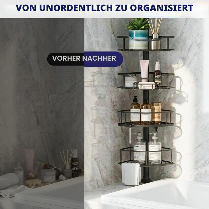 Purejoy Teleskop Duschregal Schwarz, höhenverstellbares Eckregal | ohne Bohren, rostfrei, 4 Körbe, f