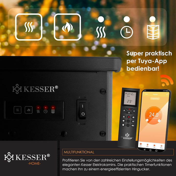 KESSER® Prio Elektrokamin mit Heizung Heizlüfter Fernbedienung WiFi App 950/1900 W Kamin elektrisch