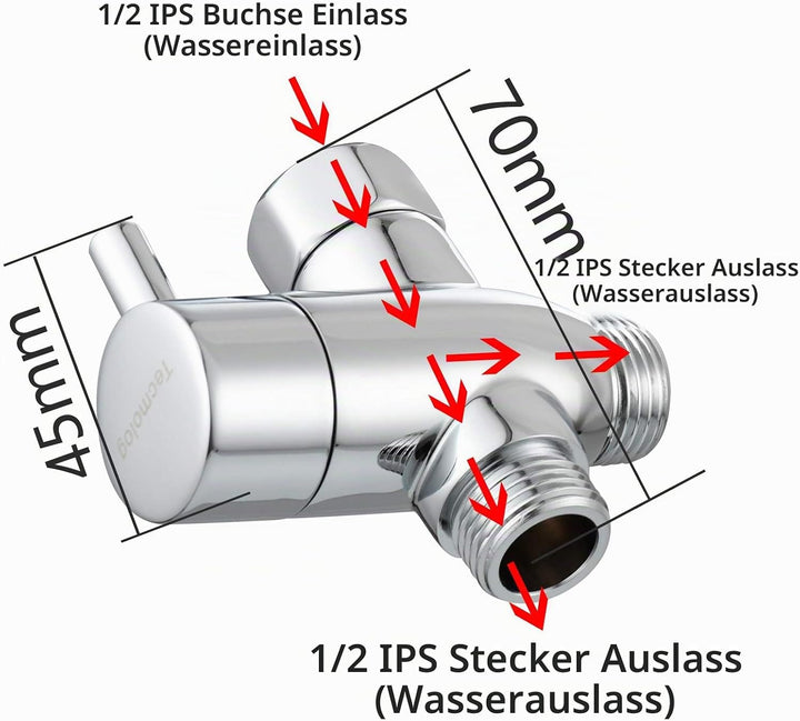 Tecmolog Umstellventil Dusche 3 Wege 1/2" Messing Absperrventil Dusche T Adapter für Handbrause Chro