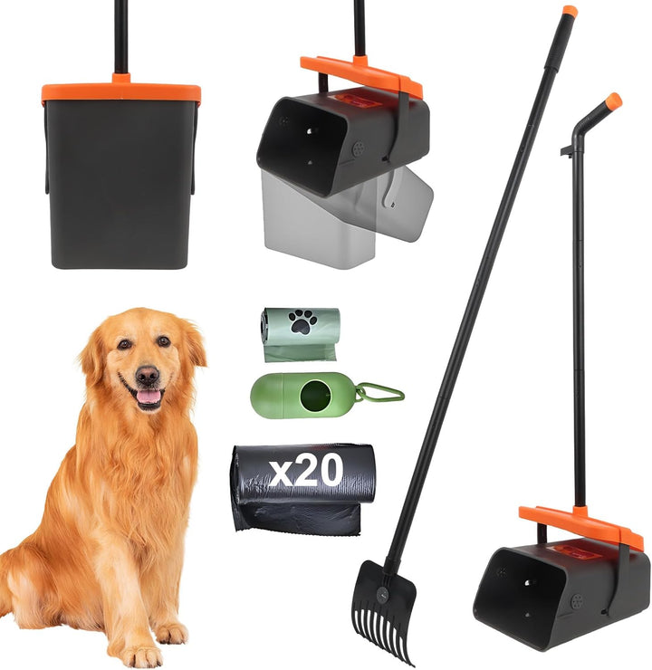 LPQKCcY Hundekotsammler, 104cm Hundekotschaufel Behälter & 117cm Rechen mit Abfallbeuteln, Langer Gr
