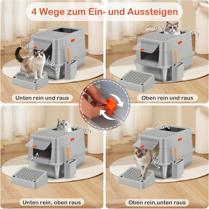 Shikha Edelstahl Katzenklo mit Deckel, 60.5L*40.5B*38H cm XXL Katzenklo Edelstahl Geschlossen, Gross