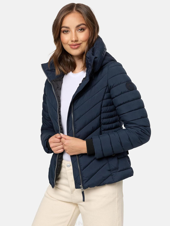 MARIKOO Damen Übergangsjacke leichte Steppjacke kurz mit abnehmbarer Kapuze Kagomee XS-XXL XL Navy,