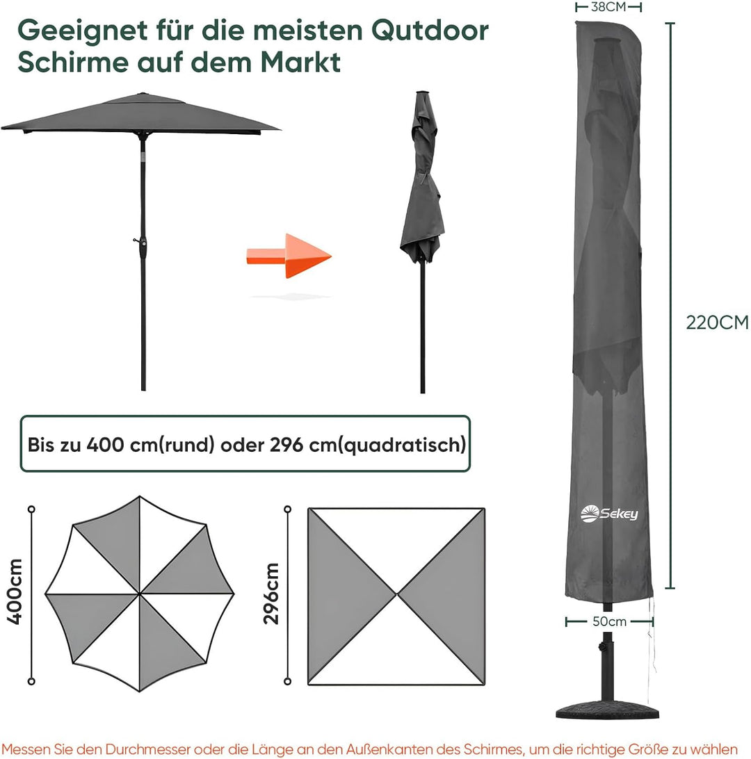 Sekey Sonnenschirm Schutzhülle mit Stab, Abdeckhauben für Ø 400cm / 240x330cm Gartenschirm, 220×30/5