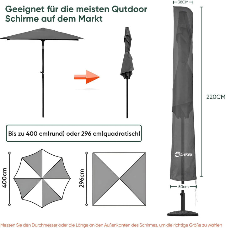 Sekey Sonnenschirm Schutzhülle mit Stab, Abdeckhauben für Ø 400cm / 240x330cm Gartenschirm, 220×30/5