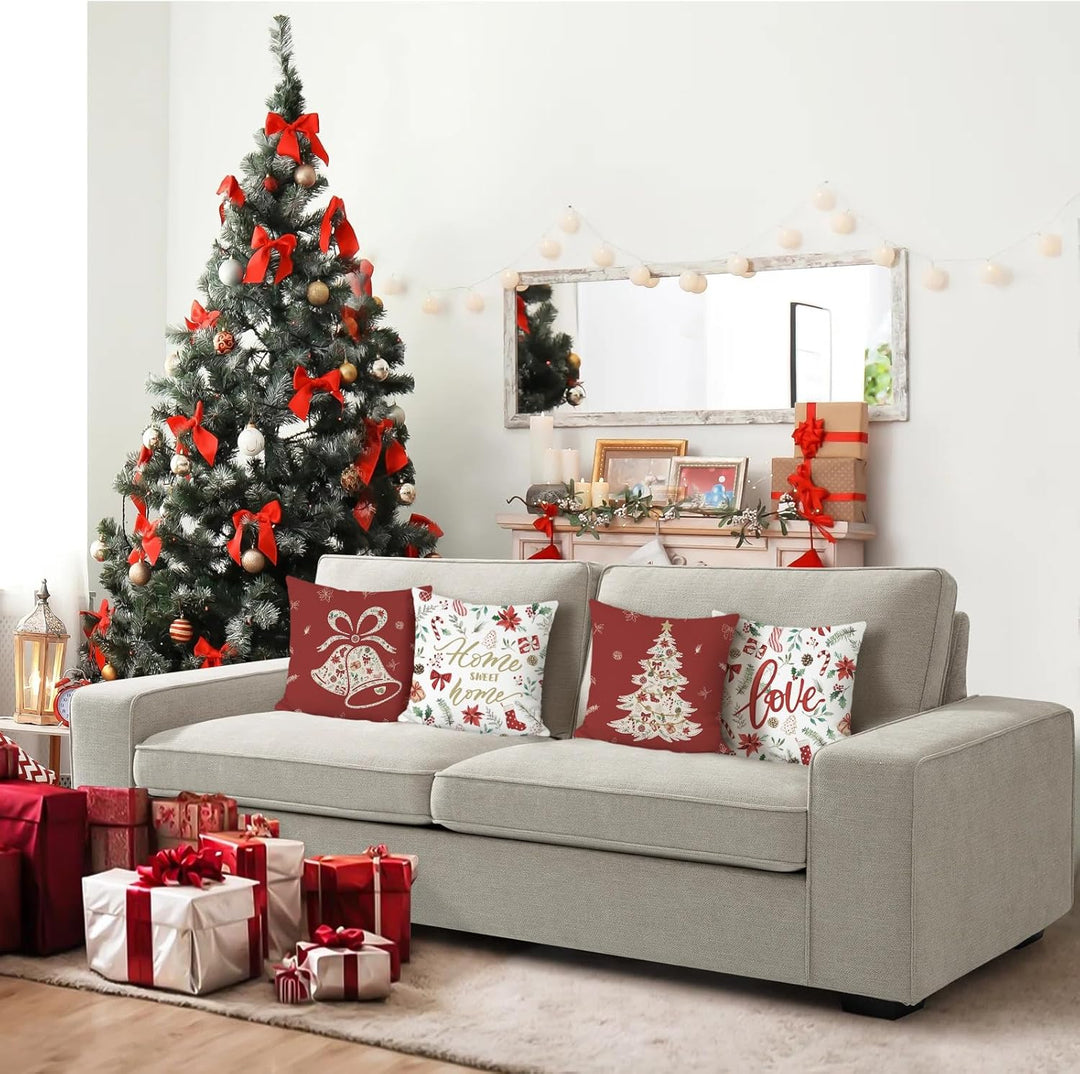 Bonhause 4er Set Kissenbezüge Weihnachten Rot 45 x 45 cm Weihnachtsbaum Glocke Blätter Blumen Dekora