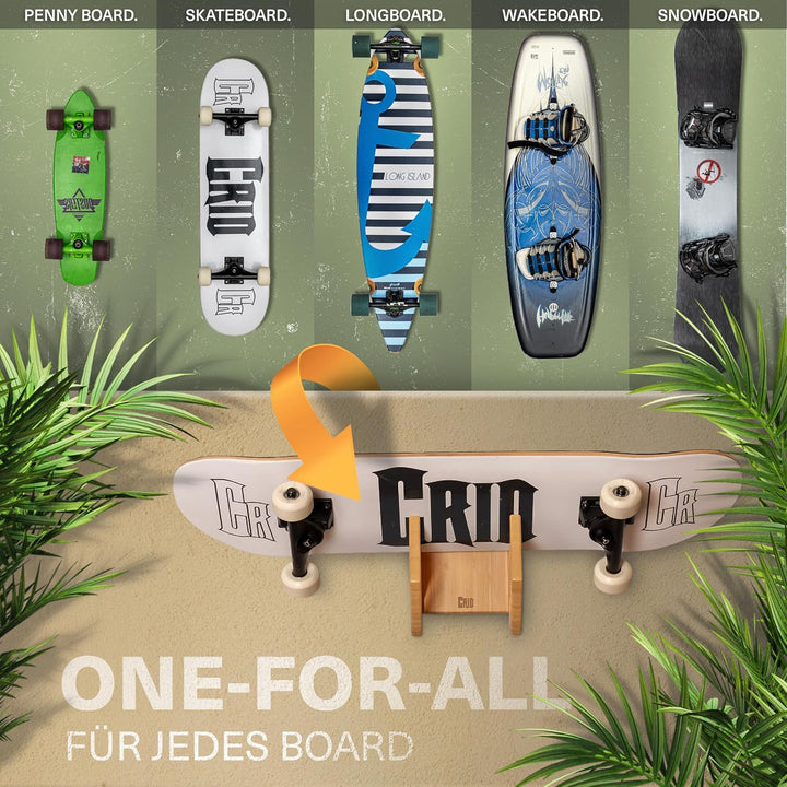CRID Skateboard Wandhalterung aus Bambus - Universal Halterung für Skateboard, Longboard, Snowboard,