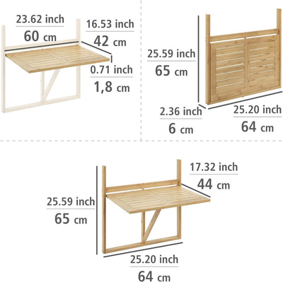 WENKO Bambus Balkon-Klapptisch Waikiki, Tisch zum Einhängen am Balkon-Geländer mit stufenlos einstel