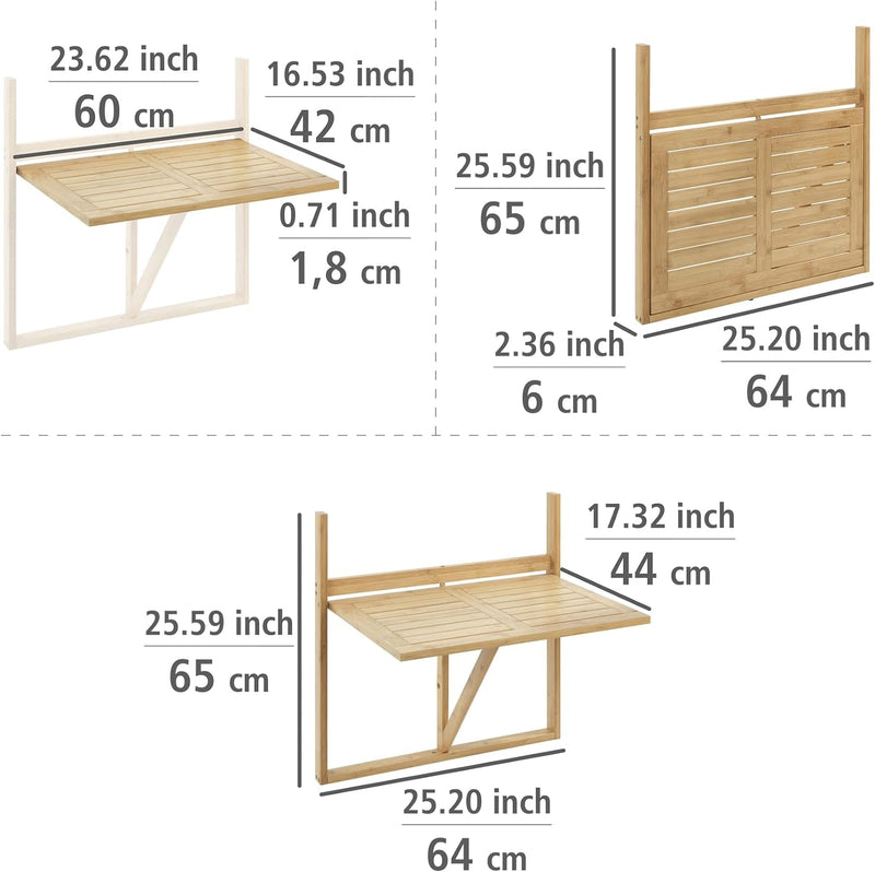 WENKO Bambus Balkon-Klapptisch Waikiki, Tisch zum Einhängen am Balkon-Geländer mit stufenlos einstel