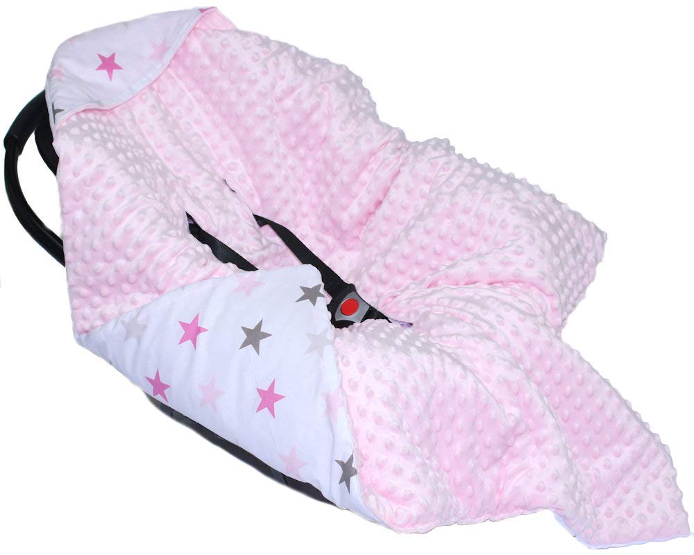 Baby Einschlagdecke MINKY - STAR - mit Kapuze 90x90 cm Babyschale Decke (Star ROSA + ROSA), Star Ros