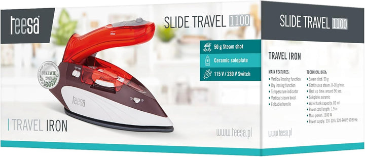Teesa SLIDE TRAVEL 1100 Reisebügeleisen, rot-weiss-grau