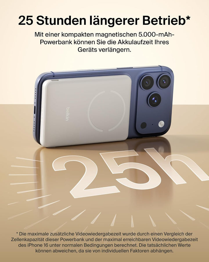 Belkin BoostCharge 5000mAh Magnetische Power Bank mit Magnetring – Beige | 5K Powerbank Kabellos, Qi