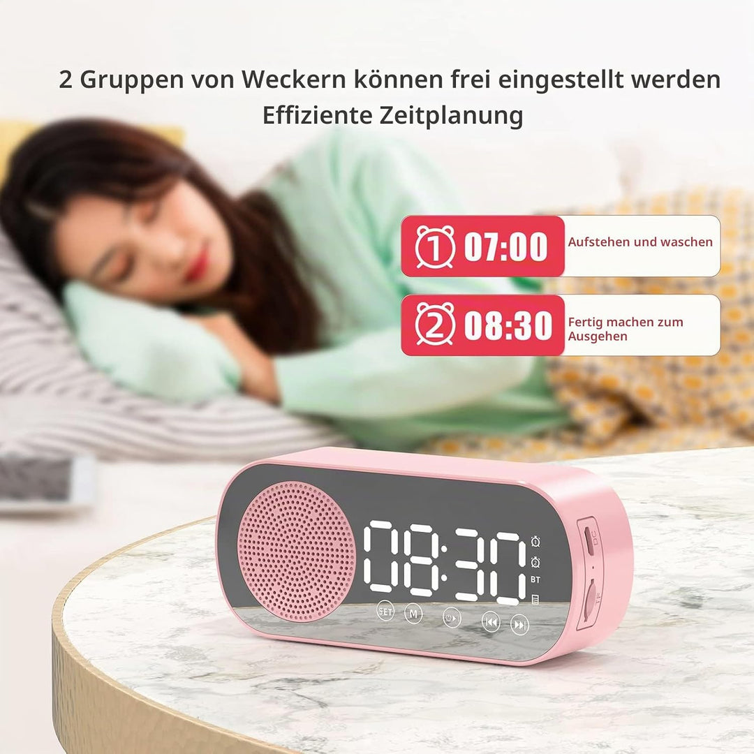Elektrischer Wecker, Grosses Display, Drahtloser Bluetooth 5.0-Lautsprecher, Wecker mit Spiegeloberf