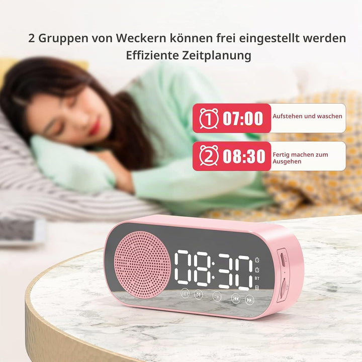 Elektrischer Wecker, Grosses Display, Drahtloser Bluetooth 5.0-Lautsprecher, Wecker mit Spiegeloberf