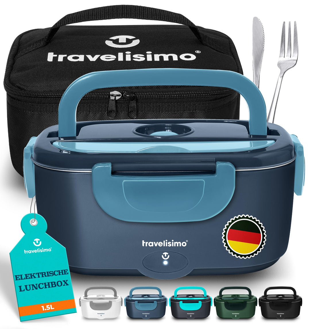 TRAVELISIMO Elektrische Lunchbox 80W Warmhaltebox, 1,5L Edelstahl Wärmebox für Essen 3-in-1 12V/24V/