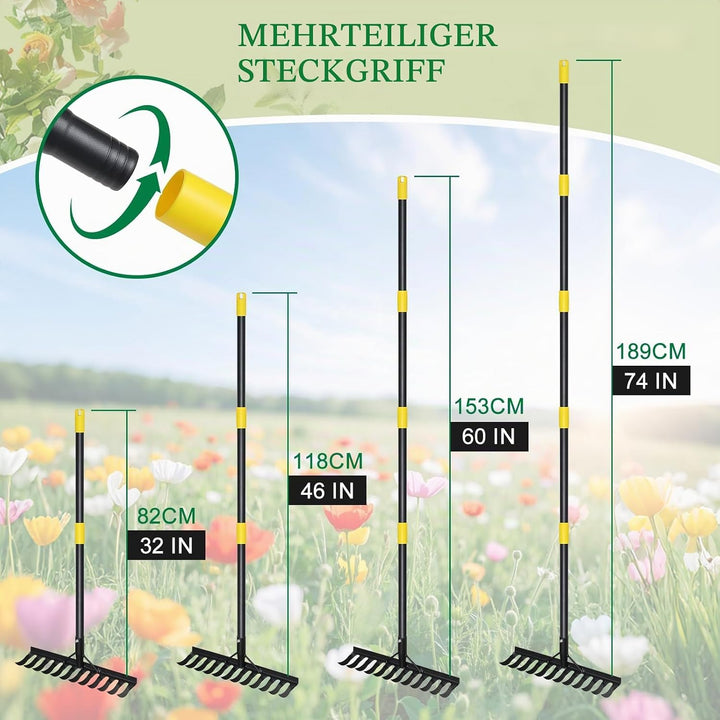 RAK Garten Rechen 189 cm, Metall Rechen Garten mit Stiel, Harke mit 12 Stahlzinken zum Lockern von B