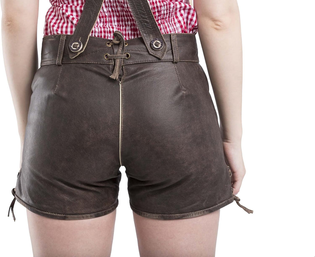 Damen Trachten Lederhose - Vintage kurz - Büffelleder Trachtenlederhose - Hose Dunkelbraun 30 Dunkel