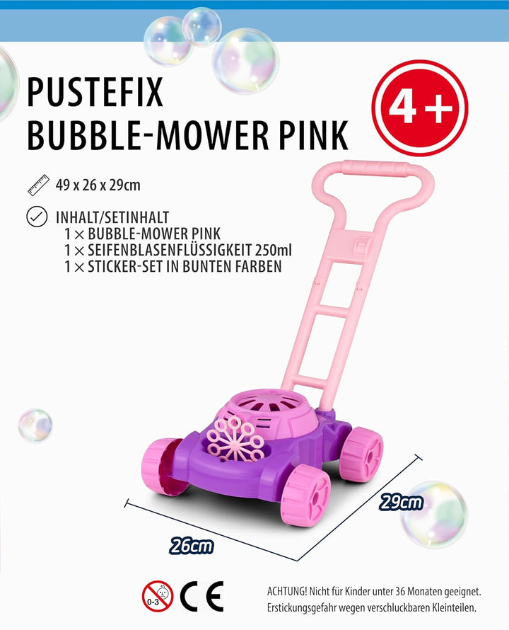 PUSTEFIX Bubble-Mower Rasenmäher Pink & 5L Nachfüllkanister I Lustiges Seifenblasen Kinder Set mit S