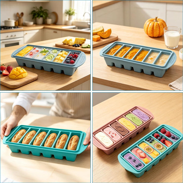 VEEKAY 2er Set Silikon Gefrierform mit Deckel, Gefriertablett, 125ml Portionsform für Suppe &amp; Brühe,