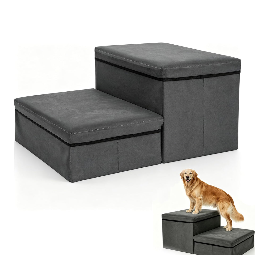 Hundetreppe mit Stauraum, faltbar, 2 Stufen, rutschfeste breite Hunderampe, Haustiertreppe für Bett