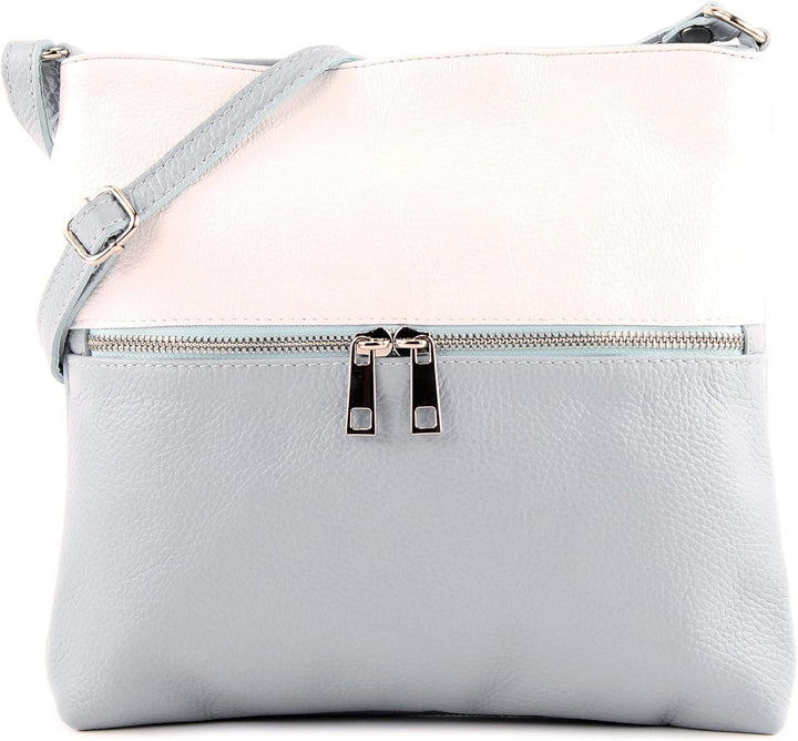 modamoda de - T144 - ital Umhängetasche Schultertasche aus Leder Eisblau/Weiss, Eisblau/Weiss