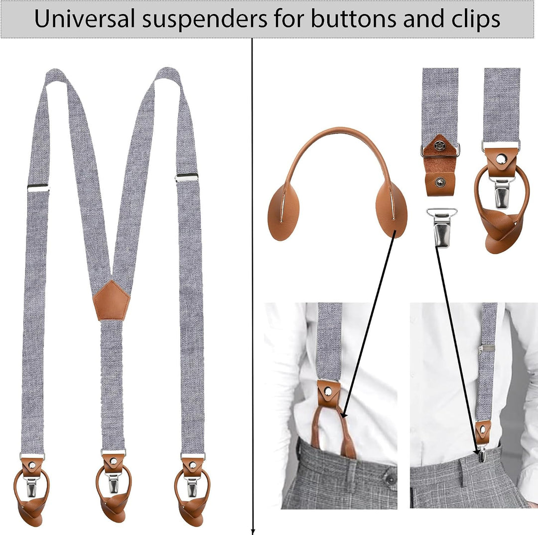 LINILI Leinen Accessoires SET: Fliege, Hosenträger, Einstecktuch- Fliege bereits gebunden, verstellb
