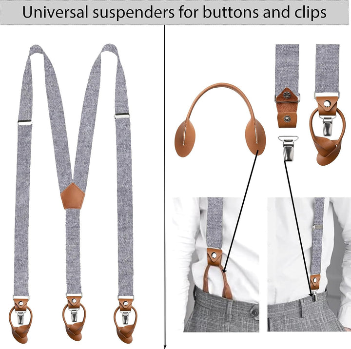 LINILI Leinen Accessoires SET: Fliege, Hosenträger, Einstecktuch- Fliege bereits gebunden, verstellb