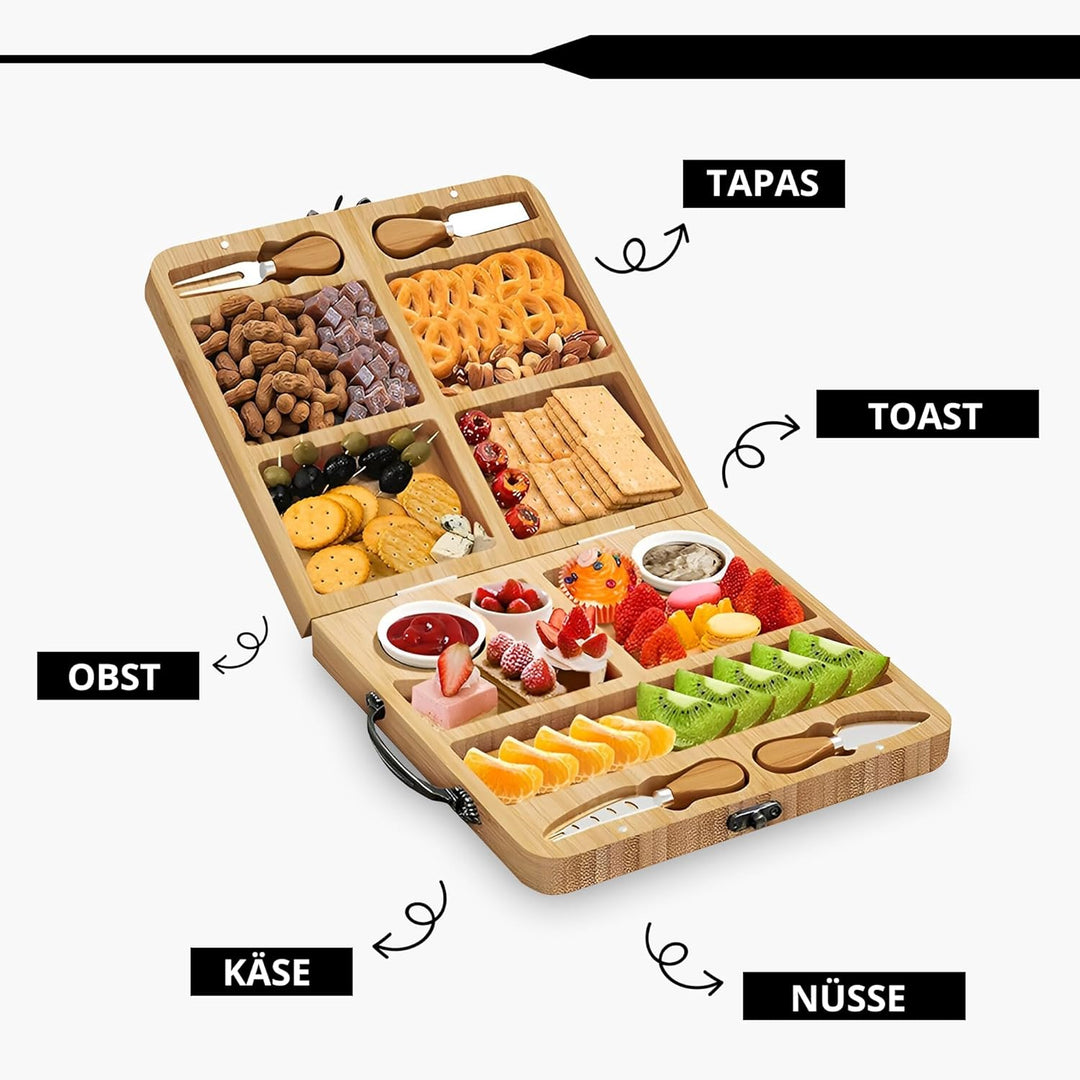Käseplatte Bambus Set, Grosse Servierplatte mit 4 Käsemessern & 2 Schälchen, Klappbares Käsebrett &