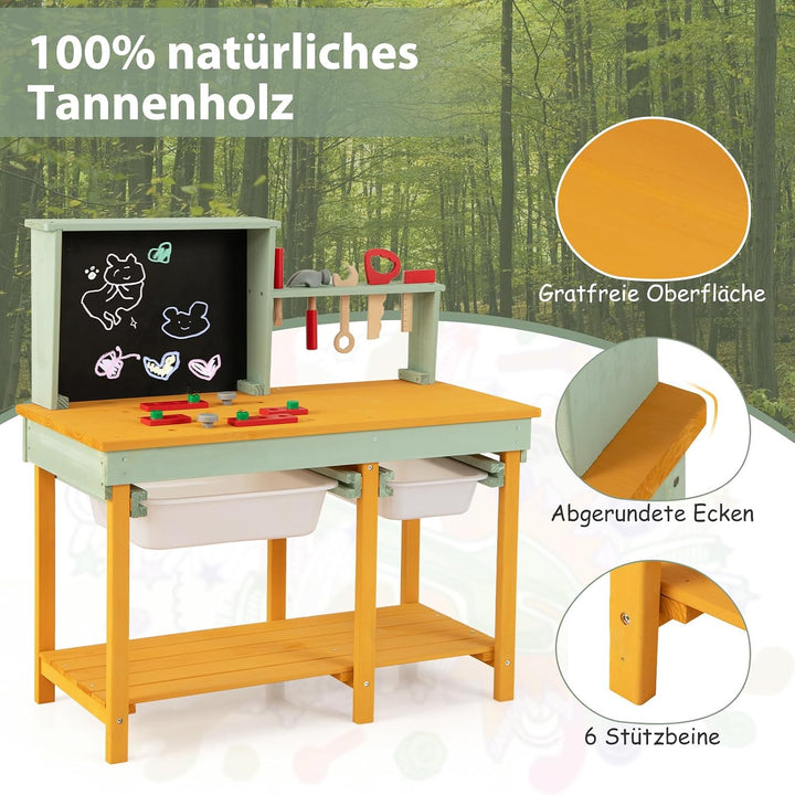 COSTWAY Werkzeugbank Kinder, Spielwerkbank aus Holz mit Tafel &amp; 2 Aufbewahrungsboxen, Werkstatt Werk
