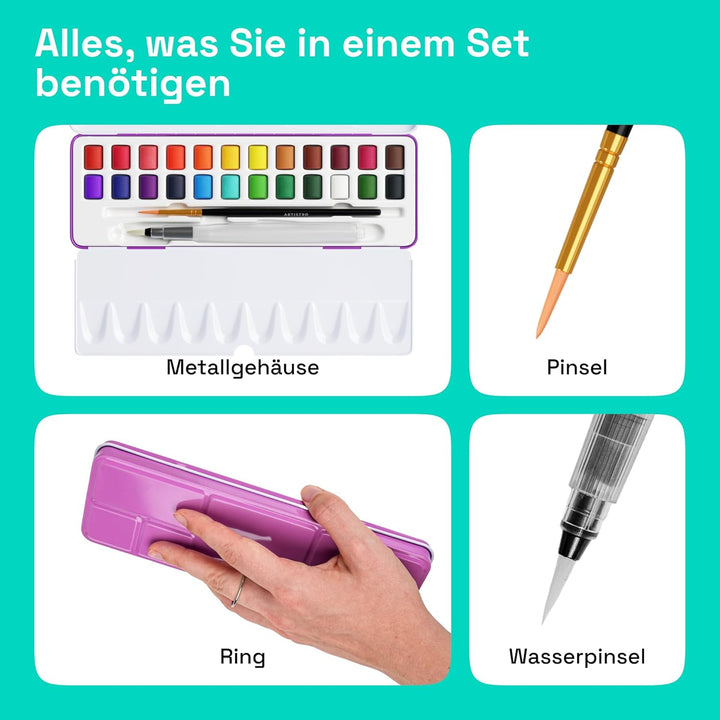 Artistro Aquarellfarben-Set 24 Farben in tragbarer Box für Kinder, Erwachsene, Künstler, Anfänger un