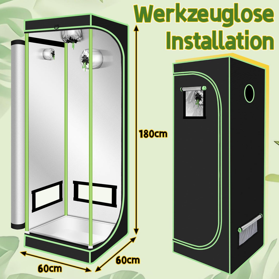 Ikodm Growzelt, 60x60x180 cm Growbox, 600D Oxford Grow Tent, Lichtdicht und Wasserdicht Growschrank,