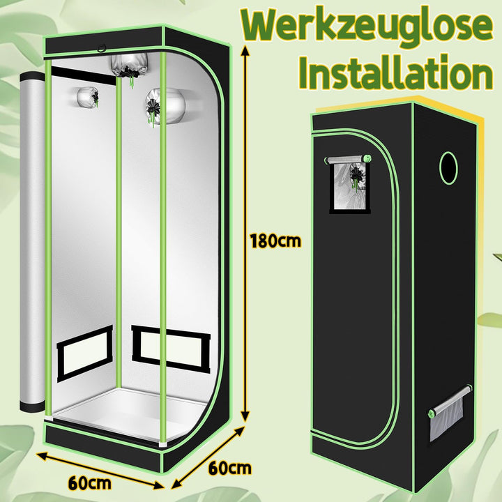 Fiqops Growzelt, 600D Oxford 60x60x180cm Grow Tent, Grow Box mit Beobachtungsfenster Lichtdicht und