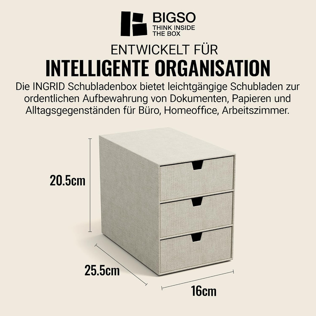 BIGSO BOX OF SWEDEN INGRID Schubladenbox für Dokumente und Bürobedarf – Schreibtisch Organizer mit 3