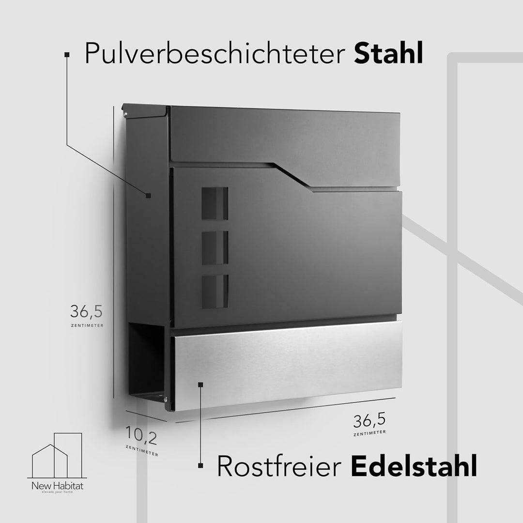 Moderner Briefkasten Personalisierbar Stockholm Anthrazit RAL7016 - mit Zeitungsfach - Wandbriefkast