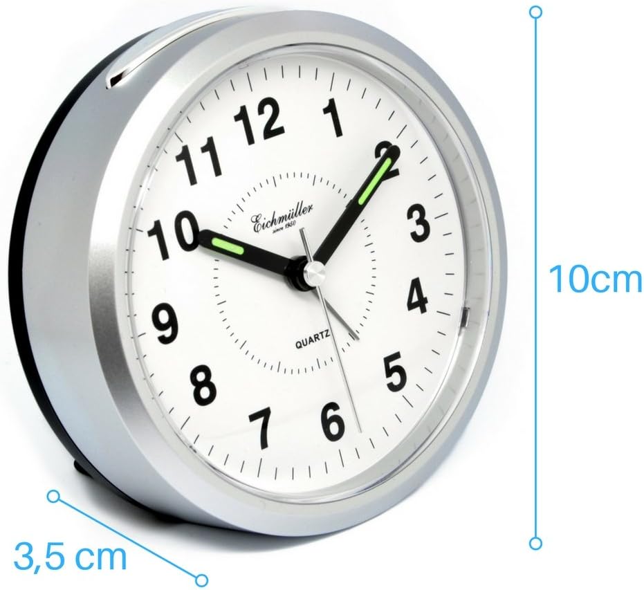 Eichmüller Wecker Analog mit Licht und Weckwiederholung - batteriebetrieben rund in Silber mit Ziffe