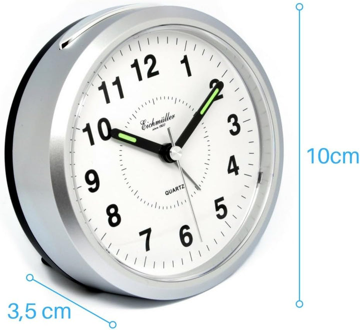 Eichmüller Wecker Analog mit Licht und Weckwiederholung - batteriebetrieben rund in Silber mit Ziffe