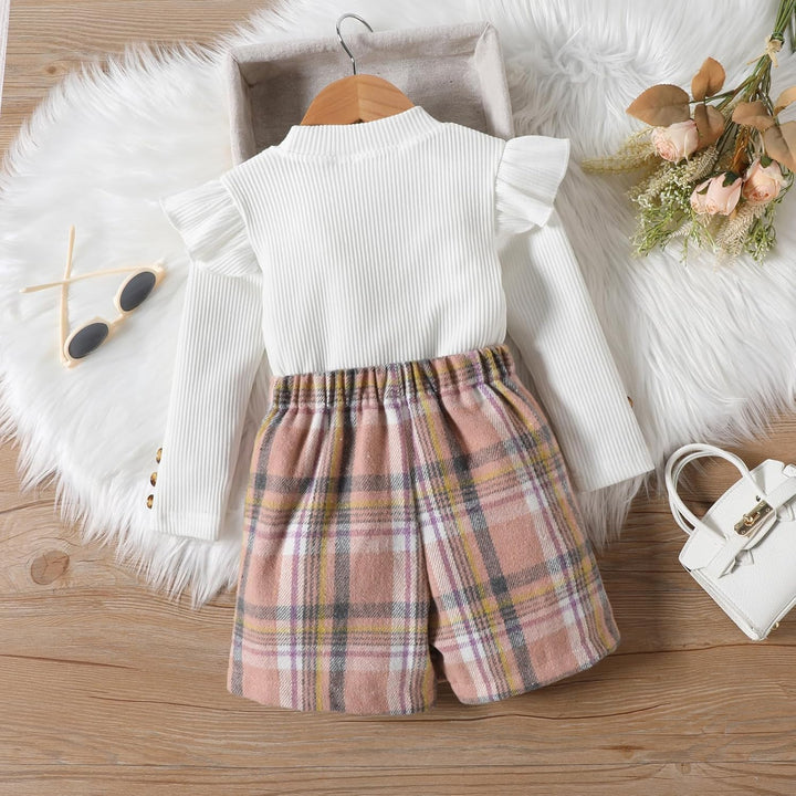Kleinkind Baby Mädchen Kleidung Langarm Gerippte Oberteile Plaid Tweed Muster Rock Baskenmütze Herbs