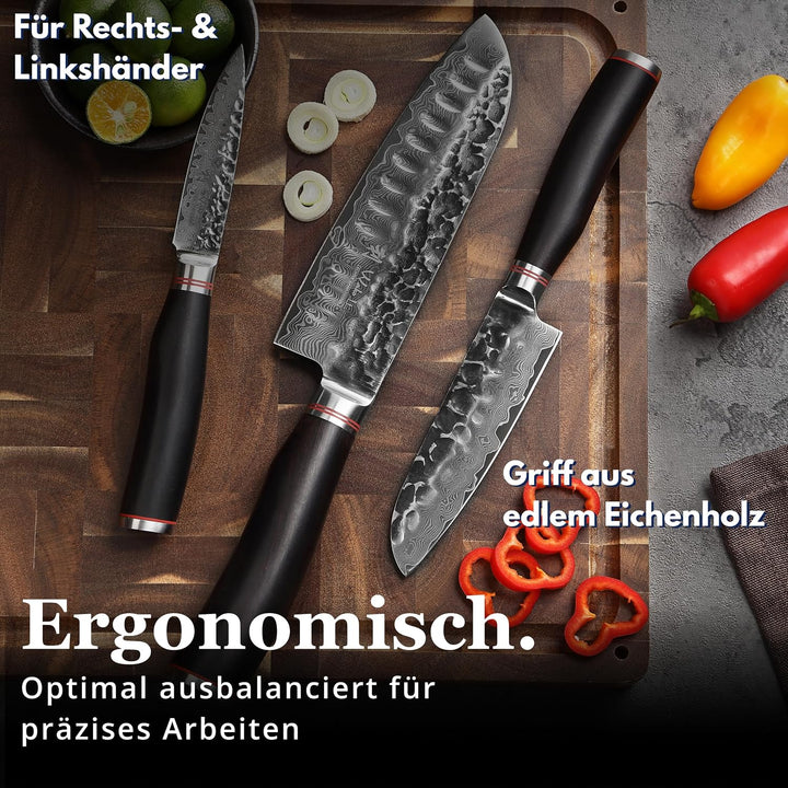 Wakoli Ebo 3er Damastmesser Set mit 9-18cm Klingen mit Hammerschlag gefertigt aus 67 Lagen echtem Da