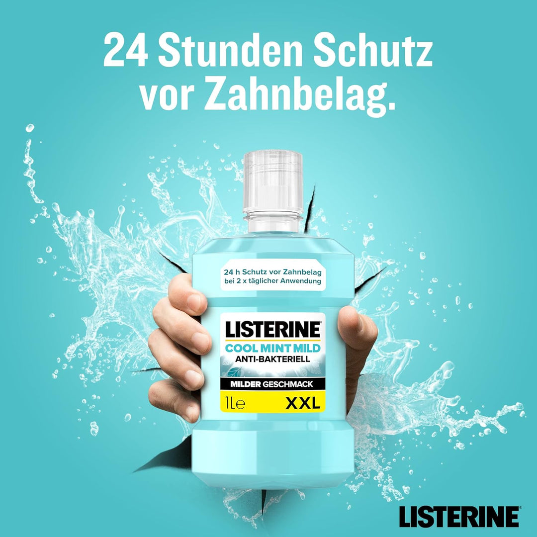 LISTERINE Cool Mint Mundwasser (2 x 1000 ml), antibakterielle Mundspülung mit ätherischen Ölen & int