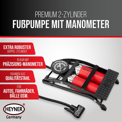 HEYNER® 22500N Fussluftpumpe Doppelzylinder 2 Zylinder mit Manometer bis 10 bar + Tasche